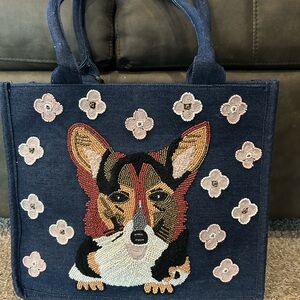 America & Beyond Beaded Corgi Dog Denim Tote Bag Floral Hand Beaded Purse NWT